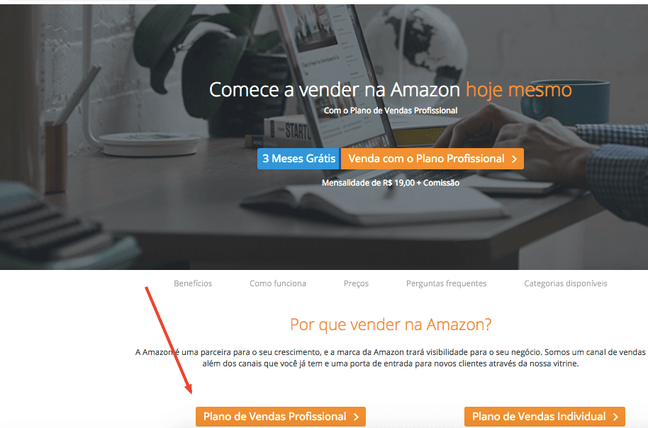 Imagem mostrando a página inicial da página do site “Comece a vender na Amazon”, para ensinar o usuário onde ele deve ir para criar o seu cadastro para trabalhar com o Market Place Amazon